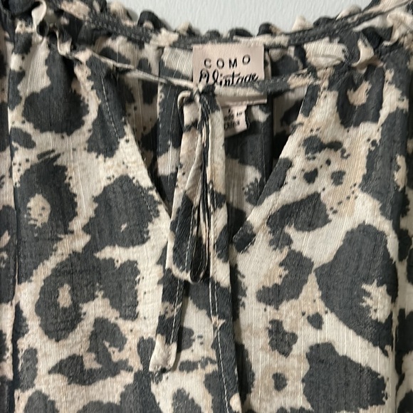 Como Vintage Women’s Blouse Leopard Gathered Scoop Neck with Tie Top Size-L - Picture 4 of 7